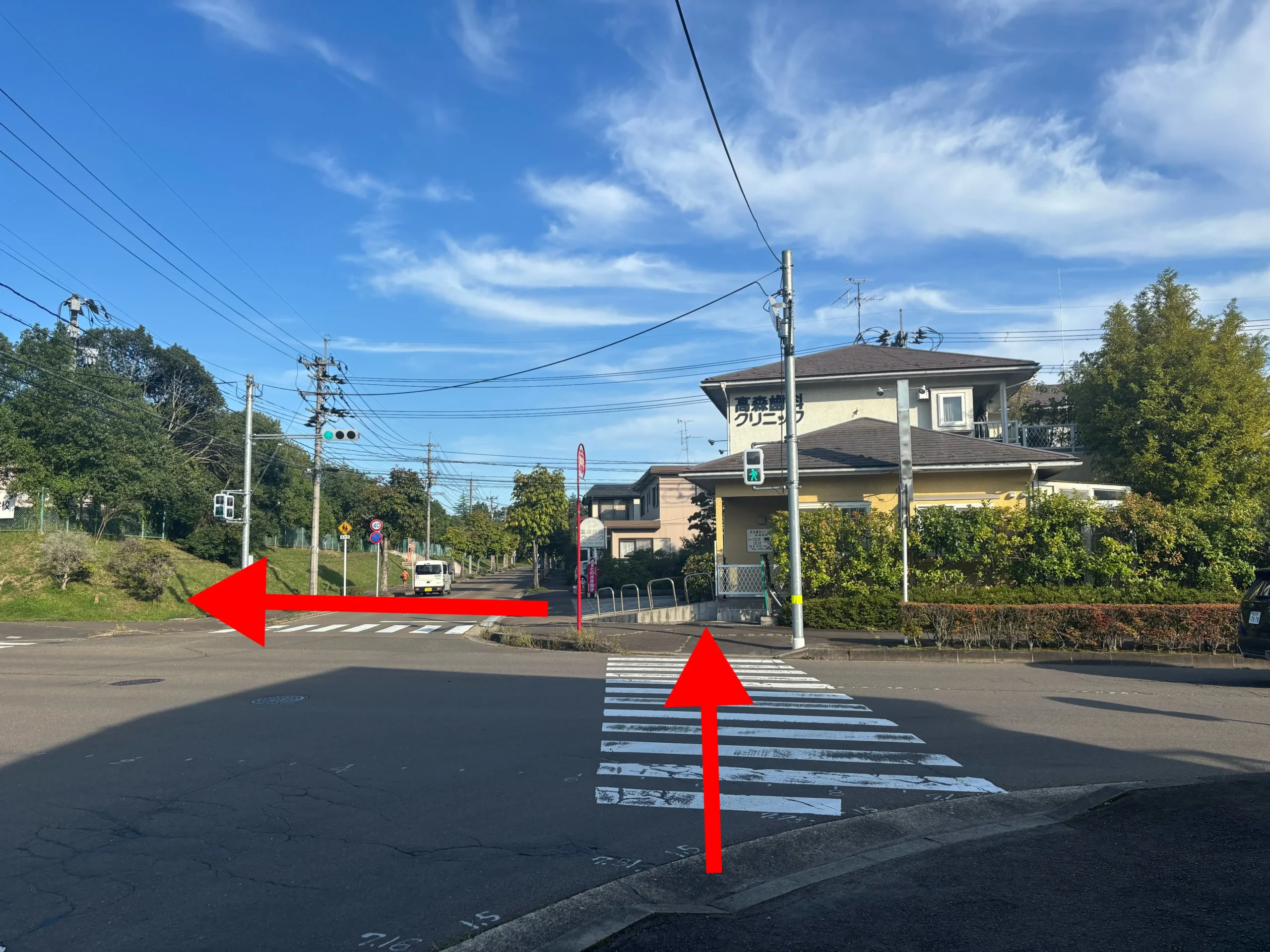 そのまま直進、次に左へ曲がり、横断歩道を2回渡る。