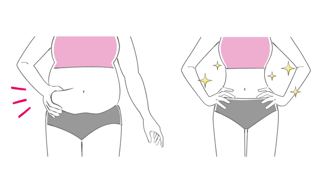お腹の脂肪を摘んでいる女性とくびれができた女性を比較したイラスト