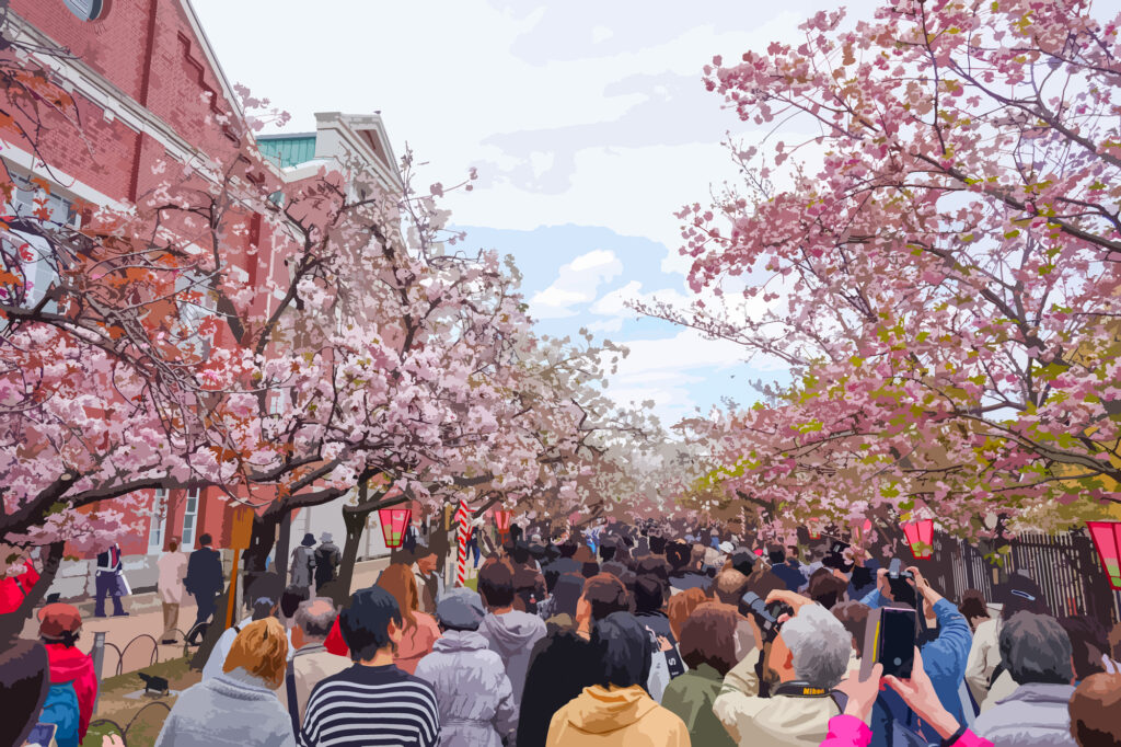 大阪・南森町の造幣局で開催される桜の通り抜けの様子。満開の桜並木を多くの人が歩きながら楽しんでいる風景