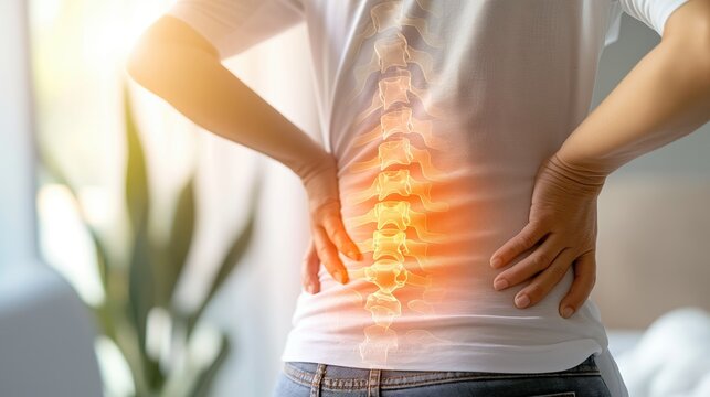 女性が両脇を抑えていて、背骨のイラストが重ねられている写真