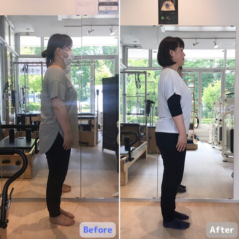 ピラティススタジオBB仙台泉店に通う40代女性の姿勢比較写真。
