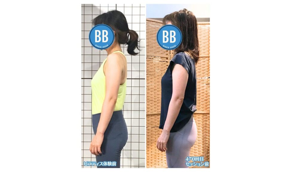 ピラティススタジオ三軒茶屋店に通っていただいているT様の姿勢比較写真。反り腰が軽減しており、横から見た身体の厚みがスッキリしています。