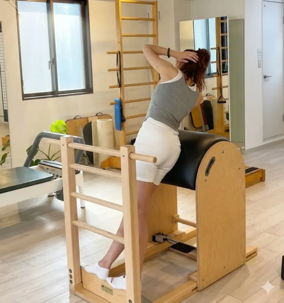 ピラティススタジオBB 恵比寿で会員様がラダーバレルでサイドストレッチをしている画像