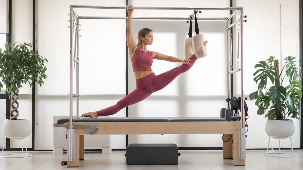 トラピーズテーブルを用いて女性がピラティスにおけるストレッチをしている画像