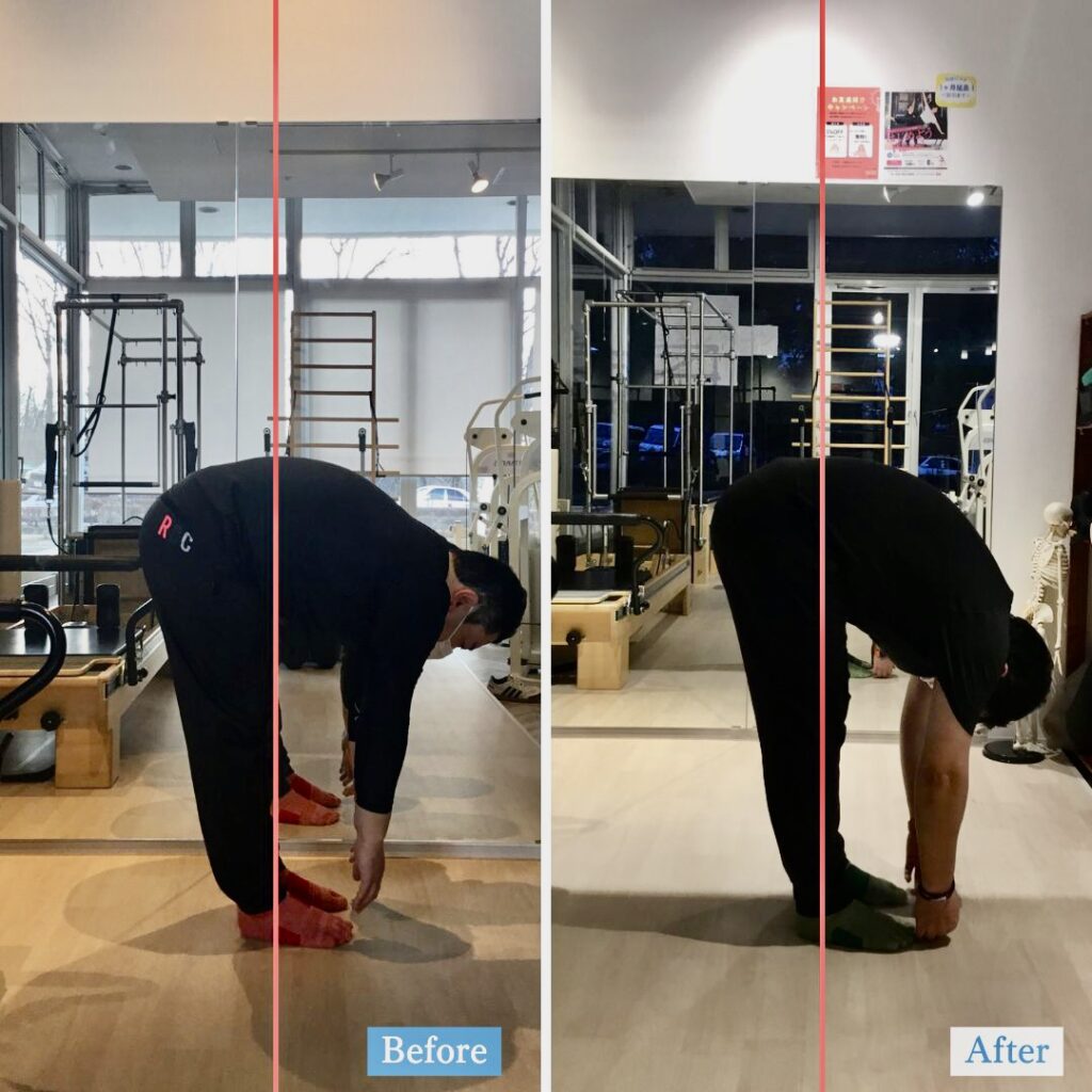 ピラティススタジオBB仙台泉店に通う40代の会員様の横から比較した姿勢写真です。